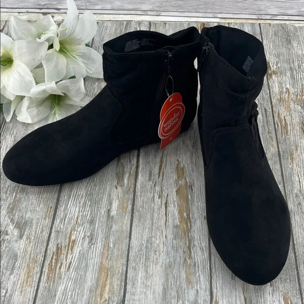 Big Girls Black Faux Suede Slouch Bow Ankle Boots Shoes Size 5
